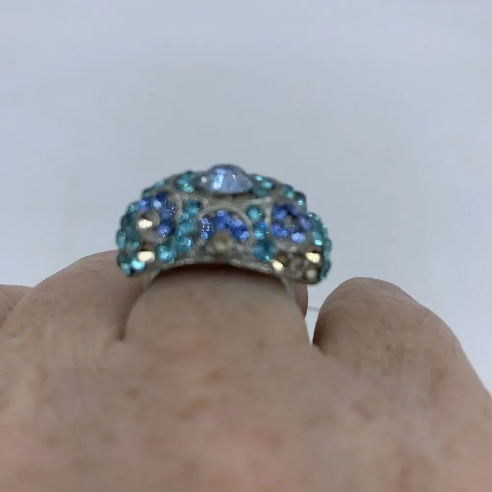 Vintage High Domed Cocktail Ring Blue Rhinestone Cluster MCM Costume‎ Jewelry